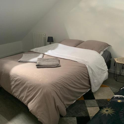 une chambre avec un grand lit avec des serviettes dessus dans l'établissement Appartement 4 PERSONNES EMPLACEMENT IDEAL PROCHE DES 24H ET GARE, au Mans