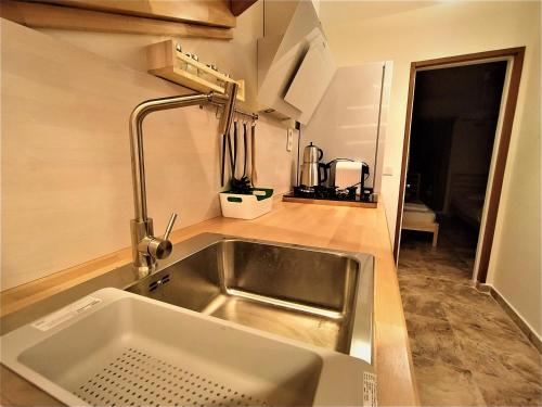 a kitchen with a stainless steel sink in a kitchen at Chimera Pia Aparts in Cıralı