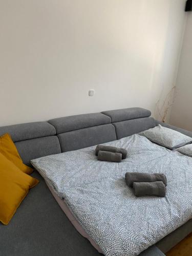 um sofá cinzento com duas almofadas em cima em Apartmaji Anže em Kranjska Gora