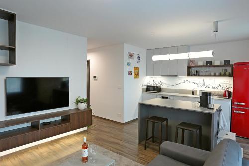 a living room with a television and a kitchen at Modern apartment near the city centre URBAN in Bratislava