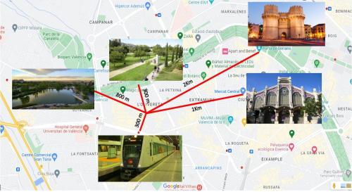 a collage of photos of attractions and a map at Habitación doble cerca al centro. in Valencia