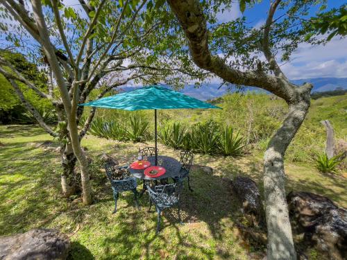 a table and chairs under a blue umbrella at Finca San Pedro in Barichara