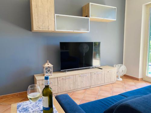 uma sala de estar com uma garrafa de vinho e uma televisão em Marina Apartament em Scalea