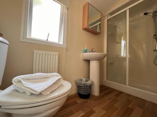Un baño con inodoro, lavabo y ducha. en Contemporary Caravan at Newquay Holiday Park, en Newquay