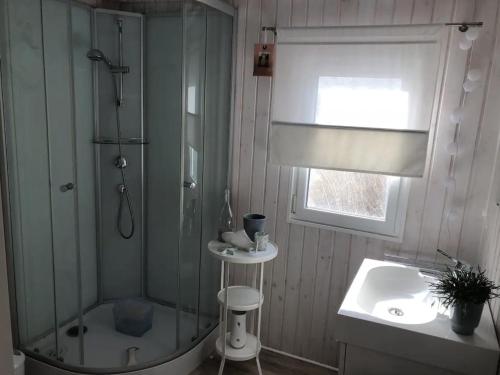 ein Bad mit einer Glasdusche und einem Waschbecken in der Unterkunft Ferien am Wasser in Babberich
