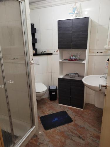 a bathroom with a shower and a toilet and a sink at Schöne gemütliche Ferienwohnung im Hunsrück in Heidenburg
