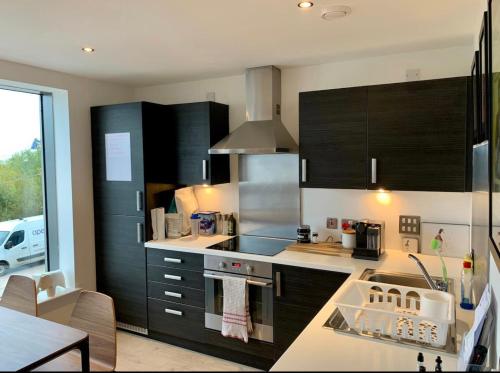 a kitchen with black cabinets and a stove top oven at Beautiful modern sea-side apartment in the city in Edinburgh