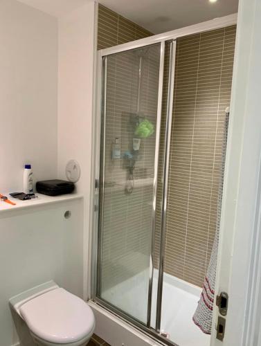 a bathroom with a toilet and a glass shower at Beautiful modern sea-side apartment in the city in Edinburgh