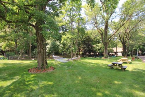 a hammock hanging from a tree in a park at The Earl of Sandwich Motel in East Sandwich