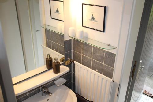 a bathroom with a sink and a toilet and a mirror at Ferienwohnung Hirschteich in Westensee