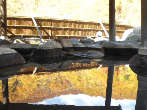 a reflection of a stone bridge in a body of water at Okada Ryokan Warakutei in Takayama