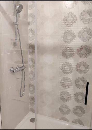 d'une douche avec une porte en verre et un pommeau de douche. dans l'établissement Le Fil d'Or - Terrasse, Box privé, Centre ville, à Albi