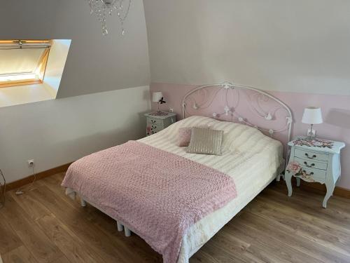a bedroom with a pink bed with a pink blanket at Château Ségot in Neuilly-le-Réal