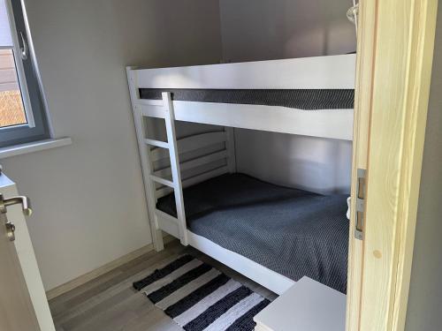 łóżko piętrowe w pokoju z łóżkiem piętrowym w pokoju w obiekcie Namelis prie jūros w Połądze