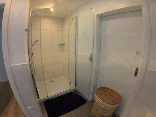 een douche met een glazen deur in de badkamer bij Ferienwohnung Pauli in Mörbisch am See