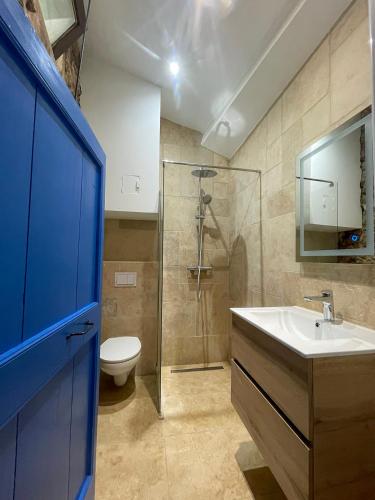 une salle de bain avec un lavabo, des toilettes et une douche dans l'établissement Le jardin de Camille, à Cotignac