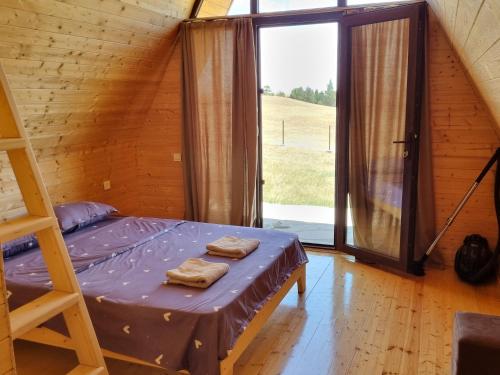 Cottage in Udabno في Udabno: غرفة نوم مع سرير بطابقين ونوافذ كبيرة