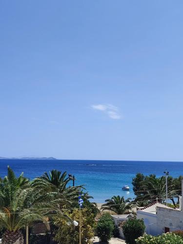 a view of a beach with palm trees and the ocean at ARK Tinos in Agios Ioannis Tinos