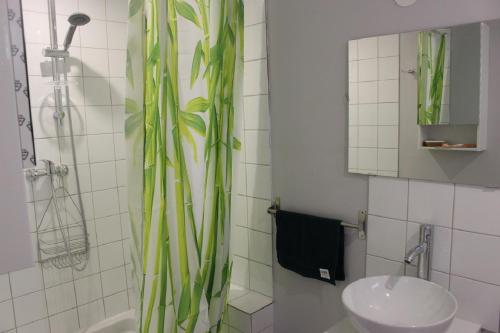 a bathroom with a shower curtain with a plant on it at Gîte proche canal La Conserverie in Buzet-sur-Baïse