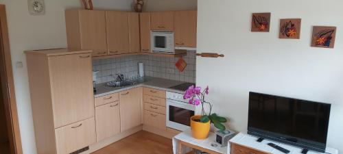 a kitchen with wooden cabinets and a tv and a table at Haus Zach in Mariazell