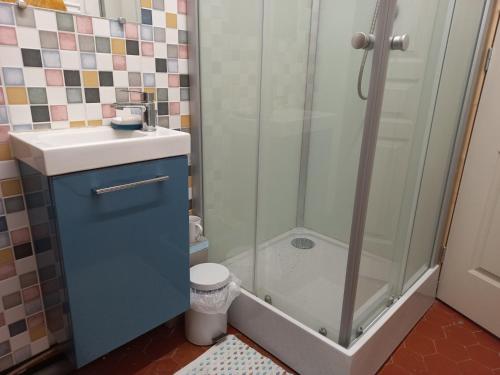 uma casa de banho com um chuveiro e um lavatório. em Maison de caractère em La Bastide