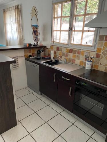 cocina con fregadero y fogones horno superior en Appartement indépendant Bas de villa avec parking privatif, en La Ciotat