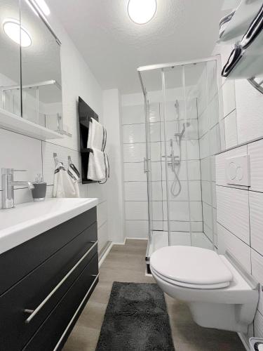ein Bad mit einer Dusche, einem WC und einem Waschbecken in der Unterkunft Schickes Ferienapartment in Habichtswald-Ehlen in Ehlen