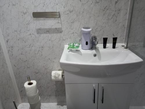 uma casa de banho branca com um lavatório e um espelho em Cozzy Accommodation em Manchester