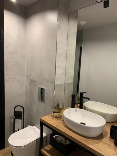 a bathroom with a white sink and a mirror at Apartamenty z basenem in Sarbinowo
