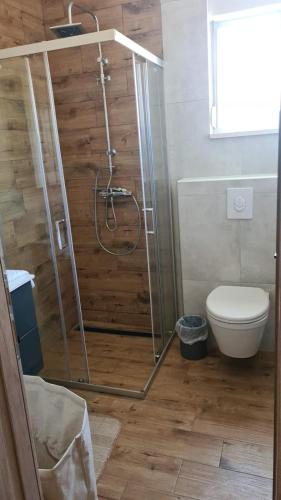 a bathroom with a shower and a toilet at Villa Queen in Zadar