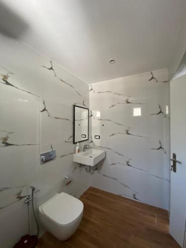 a bathroom with a toilet and a sink at Seafront Rooms - Private Beach Access in Sarandë
