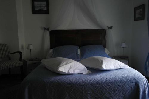 ein Schlafzimmer mit einem Bett mit zwei Kissen in der Unterkunft Le Petit Massigny in Velluire