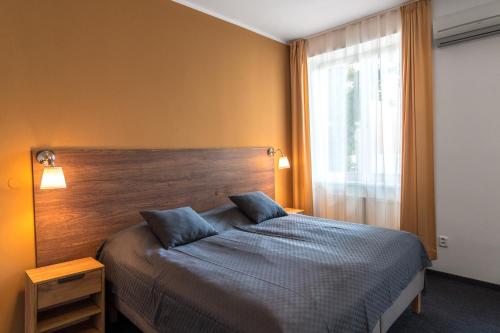 a bedroom with a bed with a wooden headboard and a window at Hotel Museum in Prague