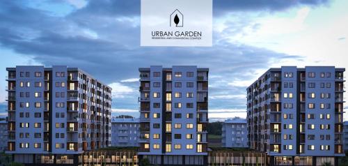 uma representação de dois edifícios altos numa cidade em Urban Garden APARTMENT em Skopje