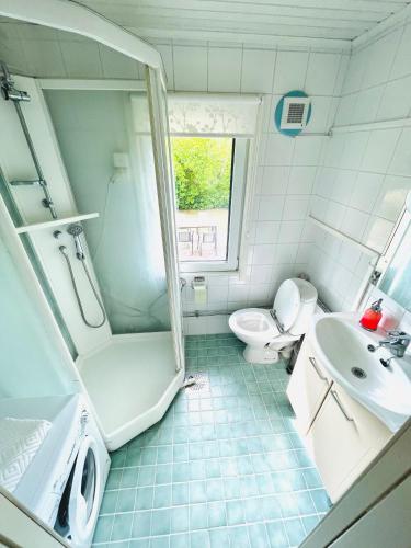 uma casa de banho com um chuveiro, um WC e um lavatório. em Gula huset em Jomala