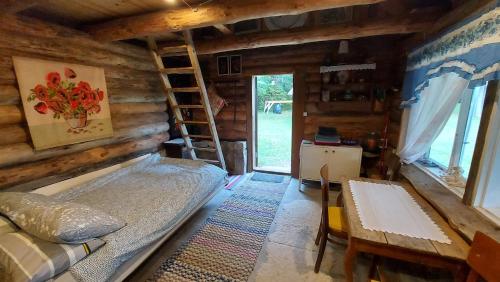 a room with a bed and a ladder in a cabin at Intsu suvemaja in Liiva
