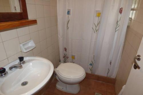 a bathroom with a toilet and a sink at Confortable cabaña en zona céntrica de la ciudad. in San Martín de los Andes