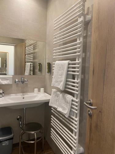 a bathroom with a sink and a towel rack at Seehotel Herlinde in Podersdorf am See