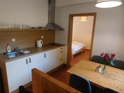 a kitchen with a table and a sink and a room at Penzion Eden in Pec pod Sněžkou