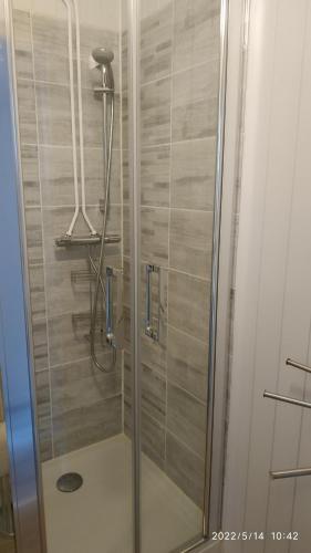um chuveiro com uma porta de vidro na casa de banho em Logement refait à neuf - Résidence - Chez Christian em La Bourboule