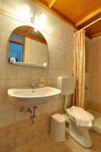a bathroom with a sink and a toilet and a mirror at Katerina Rooms in Adamantas