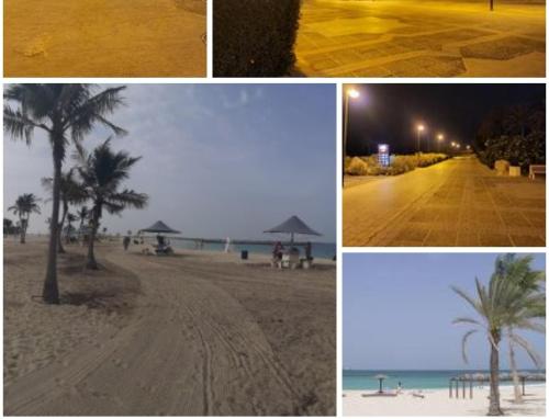 a collage of pictures of a beach at night at شقق ليماس القصباء in Sharjah