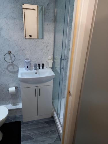 a bathroom with a sink and a glass shower at Garswood Road House in Manchester