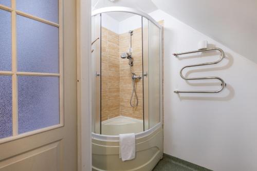 a shower in a bathroom with a glass door at Avanti apgyvendinimas-restoranas in Biržai