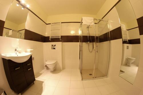 a bathroom with a shower and a toilet and a sink at Hotel Mir-Jan SPA in Lądek-Zdrój