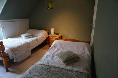 a bedroom with two beds and a green wall at Le Petit Chaton in Parigné-lʼÉvêque