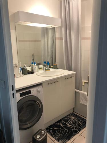 a bathroom with a washing machine and a sink at Chambre dans appartement avec vue sur le port in Lattes