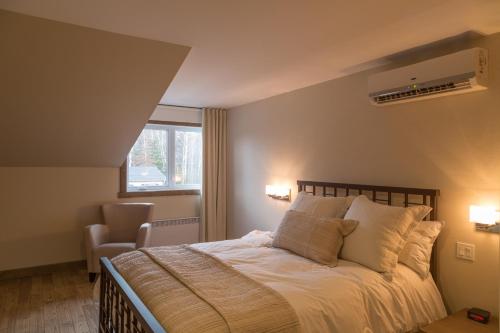 a bedroom with a bed with pillows and a window at Hotel "Le Suisse" in Saint-Donat-de-Montcalm