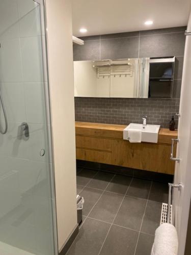 a bathroom with a sink and a shower at Winterbrook Chalet in Mount Buller