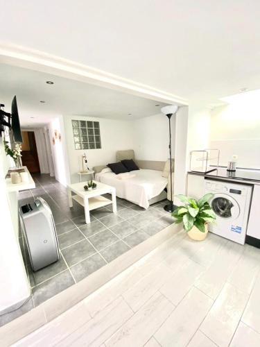 un grand salon avec un canapé et une table dans l'établissement Jolie appartement individuel, dans un quartier calme très proche de la plage., à Hendaye